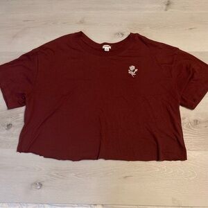 Garage Hand Cropped Maroon Soft Tee with Embroidered Rose, Size Large